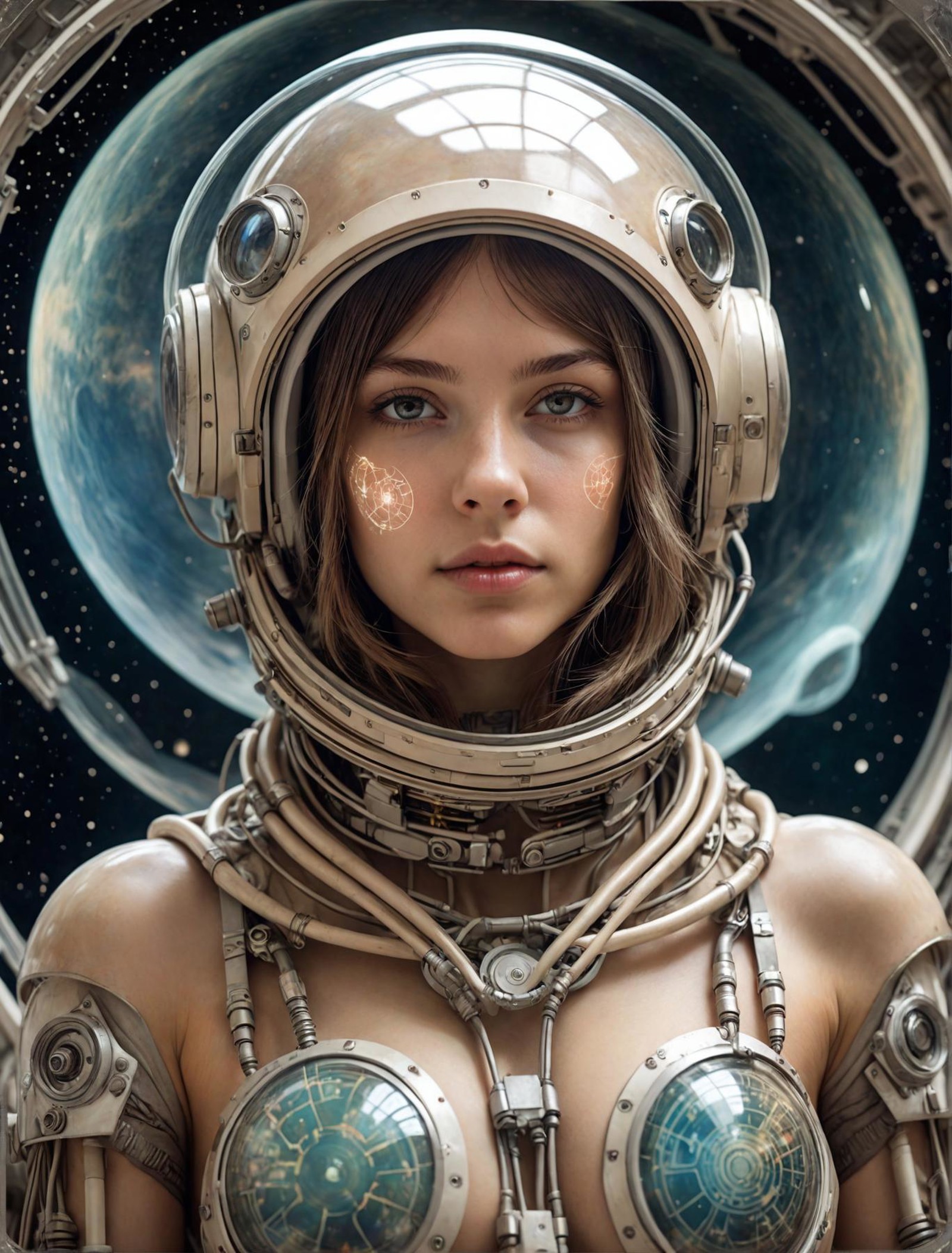 photograph, space, woman , 20 years old, wearing Chaperon, Mechanical Body Parts, Interplanetary magnetic field background...